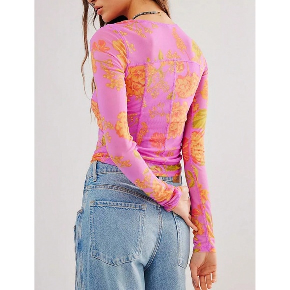 Pink Floral Sheer Mesh Fitted Long Sleeve Tee Shirt - Picture 2 of 4